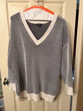 torrid Black & Cream Striped V-Neck Rib Knit Sweater